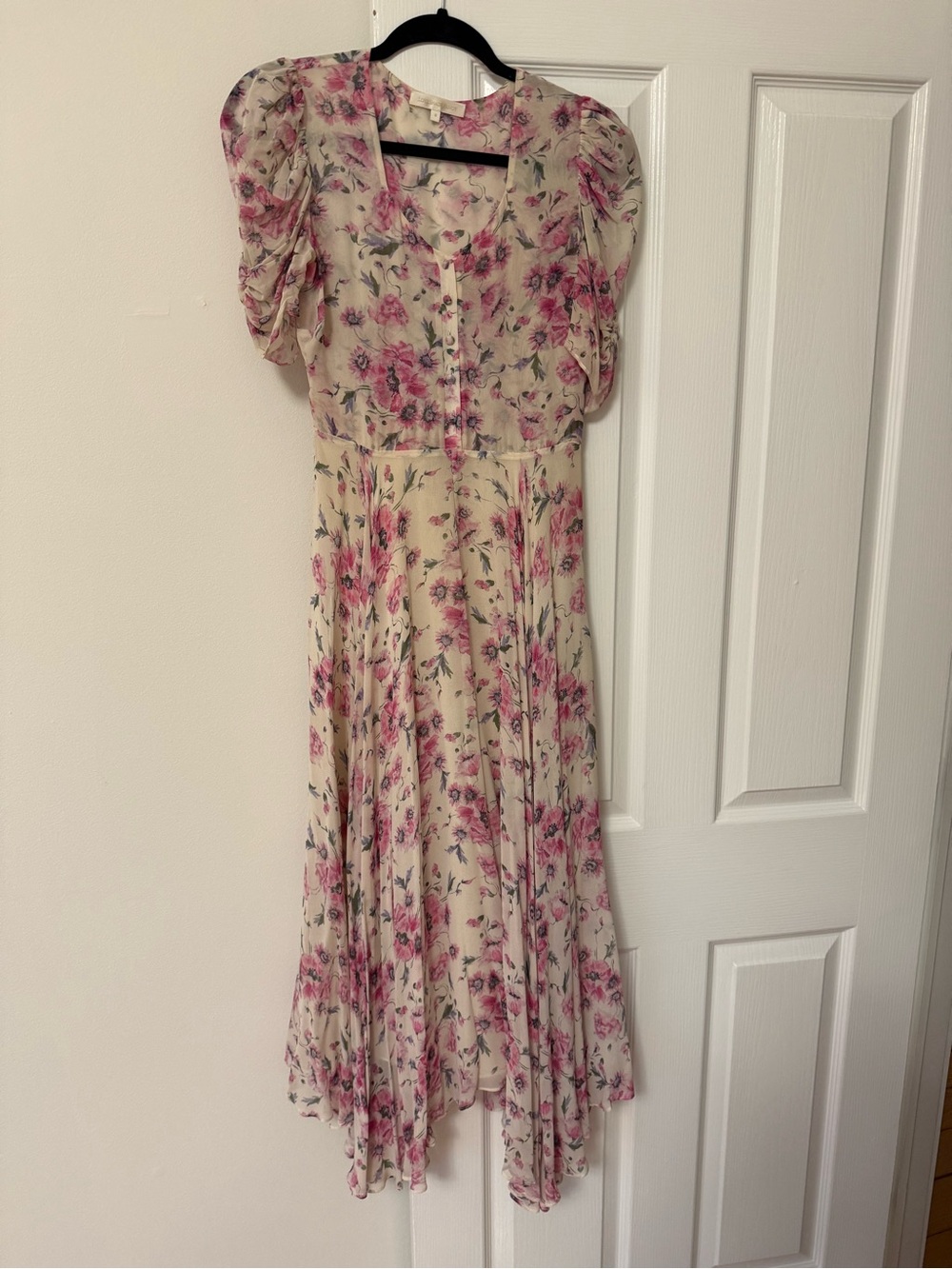 LoveShackFancy Cream Maxi Dress with Pink Floral Print